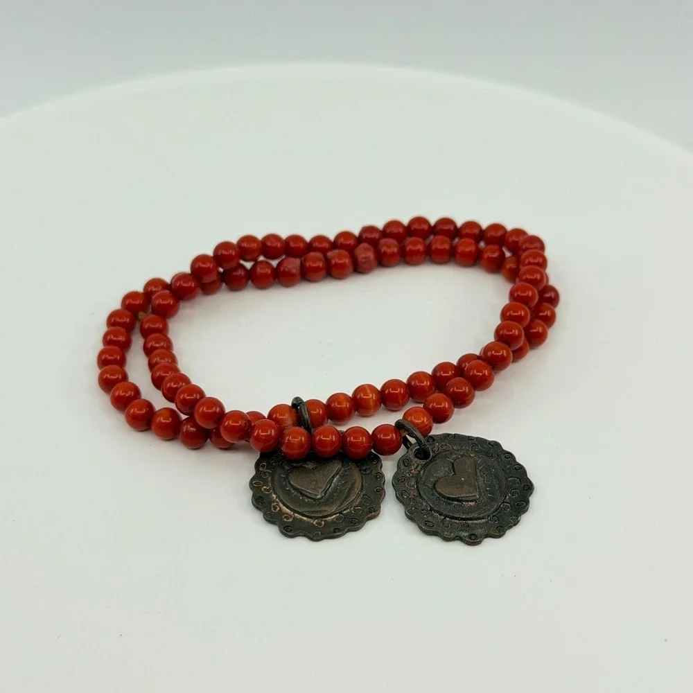 Vintage Red Beaded Double Strand Bracelet Bronze Heart Charms‎ Boho Artisan Y2K